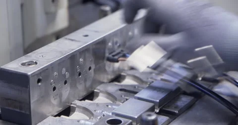 Plug factory production line, operator inserting 4 plugs in the machinery Stock Footage 154798505