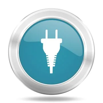 Plug icon, blue round metallic glossy button, web and mobile app design illus Stock Illustration