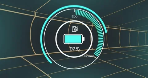 Plug icon initiating charging, battery HUD filling in steps to 100% then Stock Footage 320896436