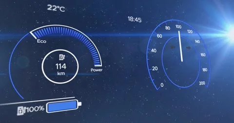 Plug icon lighting, cluster cycling battery level while speed needle sweeping to Stock Footage 329575496