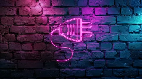 Plug Icon neon icon on brick wall background Stock Footage 276157569