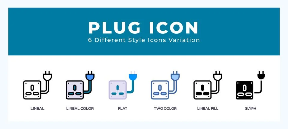 Plug icon set with different styles. Design elements for logo. Vector illus.. Illustrazione stock
