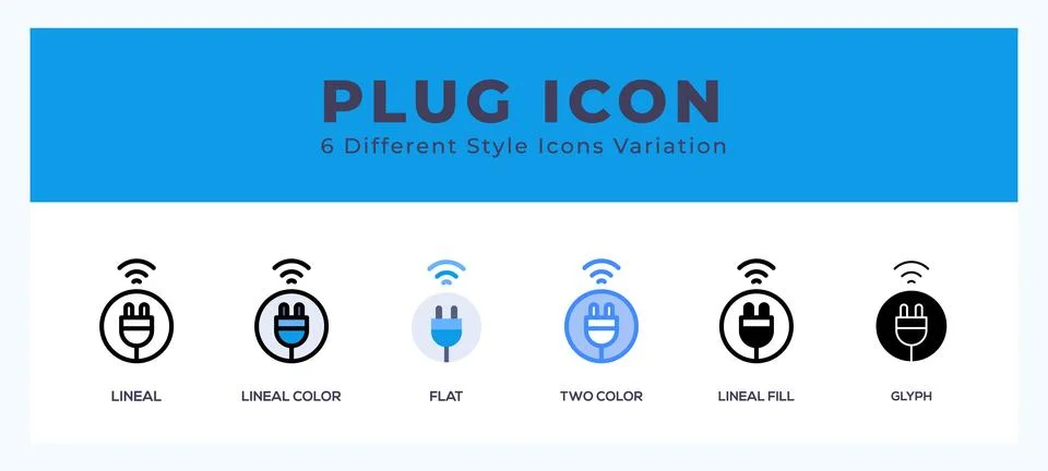 Plug icon set with different styles. Design elements for logo. Vector illus.. Stock Illustration