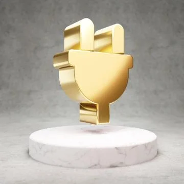 Plug icon. Shiny golden Plug symbol on white marble podium. Stock Illustration