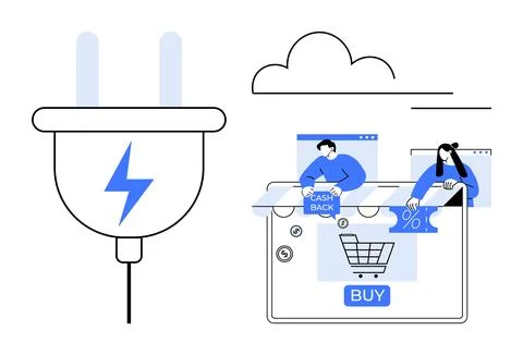 Plug with lightning bolt, cloud, and online shopping scene featuring cashback Stock Illustration