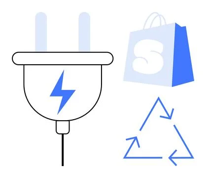 Plug with lightning bolt, shopping bag, and recycling icon emphasizing eco-fr 스톡 일러스트