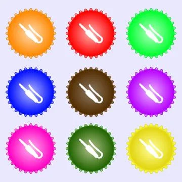 Plug, mini jack icon sign. A set of nine different colored labels. Vector Illustrazione stock