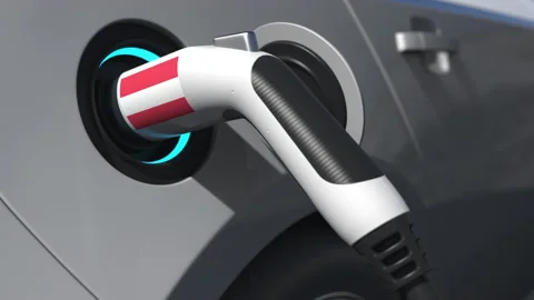 Plug in a modern electric car with flag of Austria. Conceptual 3d animation Stock Footage 148902640