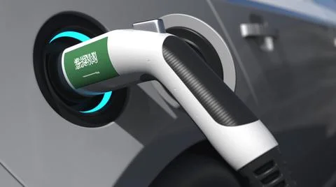 Plug in a modern electric car with flag of Saudi Arabia. Conceptual 3d rendering Stock Illustration