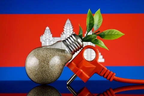 Plug, plant growing inside the light bulb and Cambodia Flag. Green eco rene.. Stock Photos