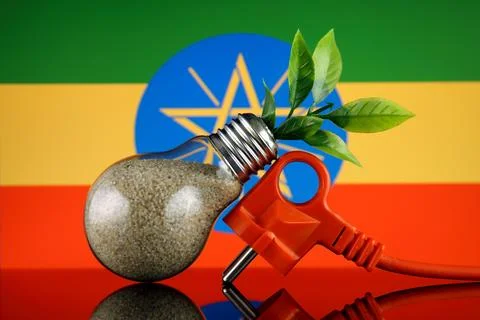 Plug, plant growing inside the light bulb and Ethiopia Flag. Green eco rene.. Stock Photos