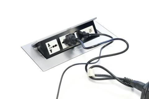 Plug Socket on the office table that can be hidden or open up 写真素材