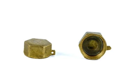 Plug stopgap nut on the pipe thread 1/2", close up plumbing fixtures on white Foto stock
