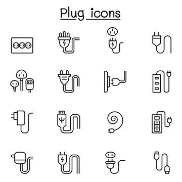 Plug, usb, cable, socket icon set in thin line style Stock Illustration