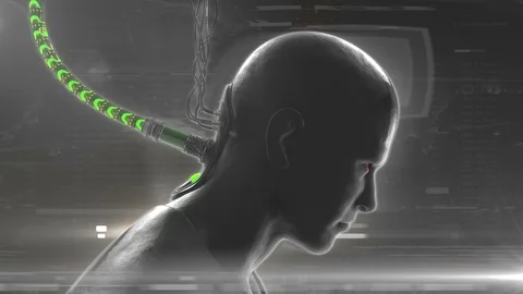 Plugged in. Human or cyborg connected to computer system, brain under control Stock Footage 99835861
