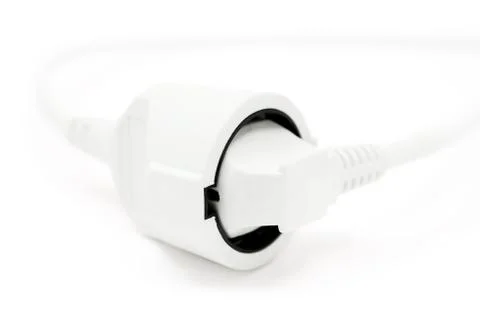 Plugged White Cable Isolated on a White Background Foto stock