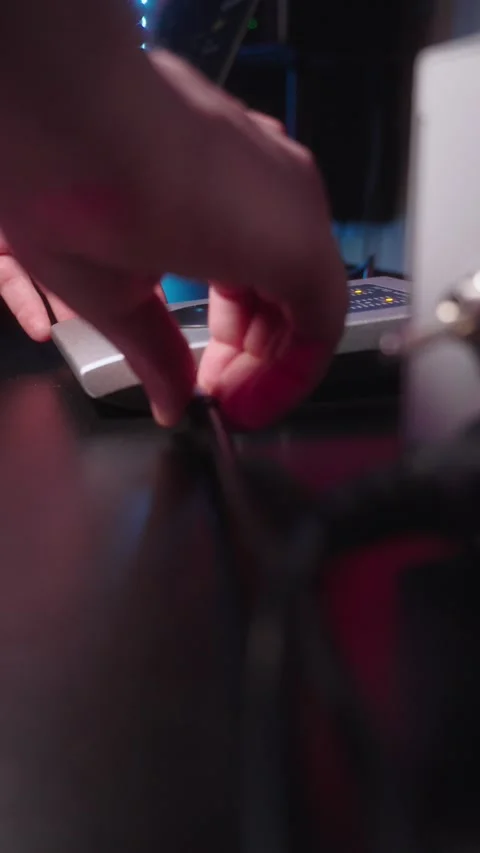 Plugging Audio Cable into Sound Card in Recording Studio Close-Up Stock Footage 332978869