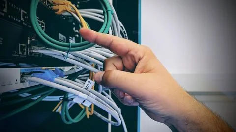 Plugging in an ethernet cable Stock Photos