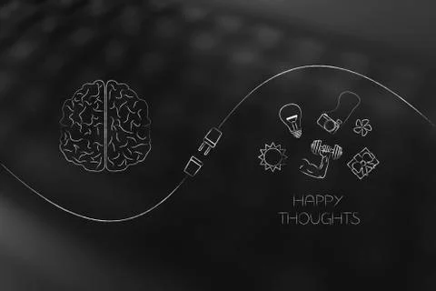Plugging happy thoughts in your brain metaphor with icons Stock Illustration