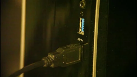 Plugging two usb cables into desktop computer Stock Footage 219096594