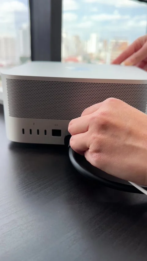 Plugging USB Cable Into Desktop Computer by Window Stock Footage 318434743