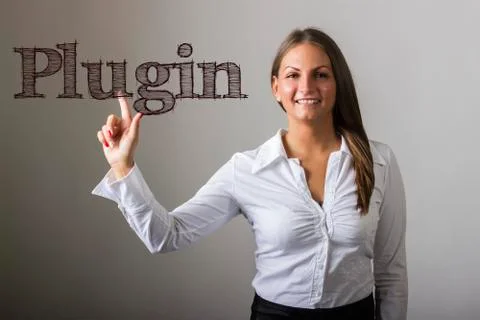 Plugin - Beautiful girl touching text on transparent surface Stock Photos