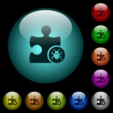Plugin bug icons in color illuminated glass buttons 스톡 일러스트
