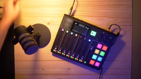 Plugin in a microphone with an XLR Cable in an audio Recording device for Stock Footage 148721659