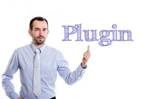Plugin - Young businessman with small beard pointing up in blue shirt Stock Photos