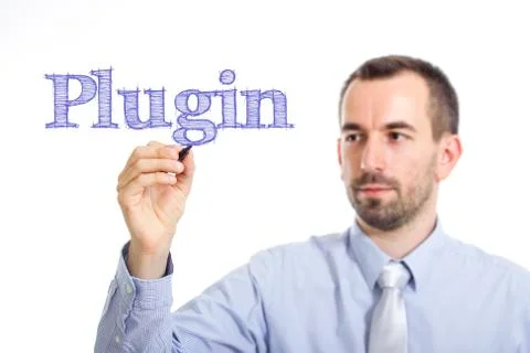 Plugin - Young businessman writing blue text on transparent surface Stock Photos