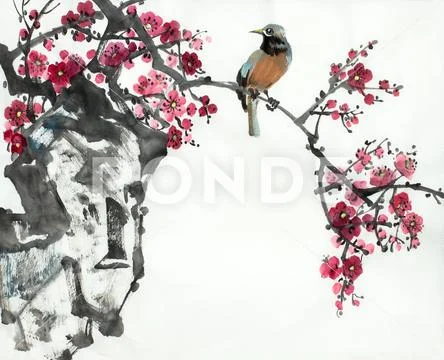 Plum blossom branch and bird Stock Illustration