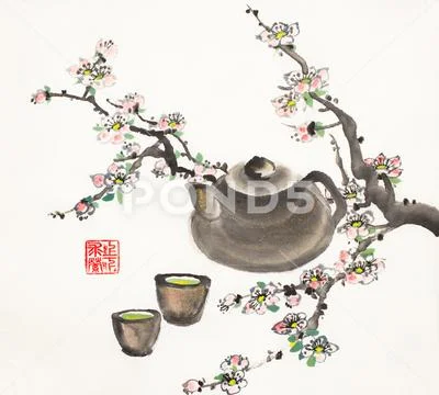 Plum blossom branch and clay pot with a cup Stock Illustration