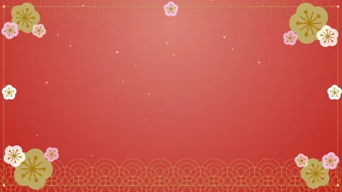 Plum Blossoms Spinning on Red Festive Background with Gold Confetti Stock Footage 345482053