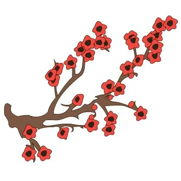Plum branch during flowering on a white background Stock Illustration