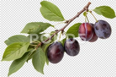 Plum branch with ripe fruit and green leaves, fresh and natural PSD Template