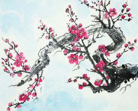 Plum branch under the snow Stock Illustration