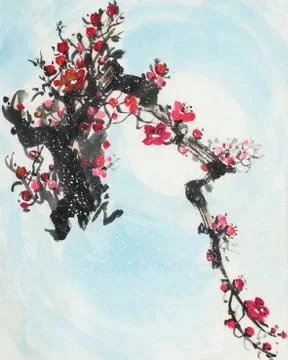 Plum branch under the snow Stock Illustration