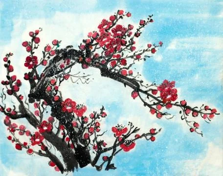 Plum branch under the snow Stock Illustration