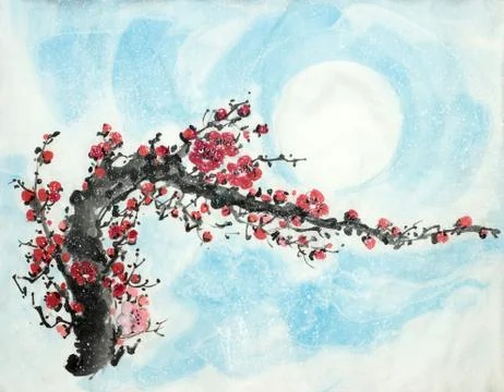 Plum branch under the snow Stock Illustration