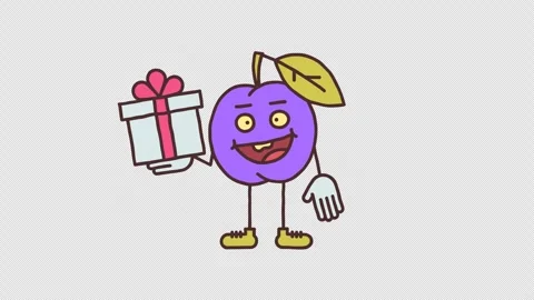 Plum character holding gift box and smiling. Transparent background Video stock 312446520