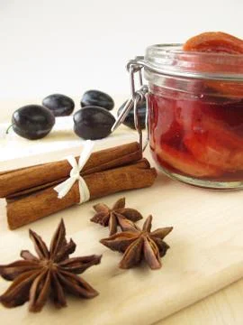 Plum compote in jar Stock Photos