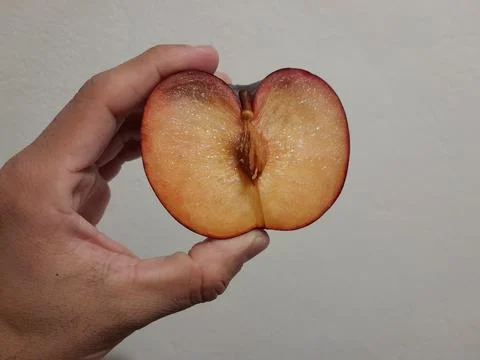 Plum fruit cut in half on hand. A pluot piece in half Fotos Stock