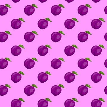 Plum fruit flat seamless pattern on pink background. Stock Illustration