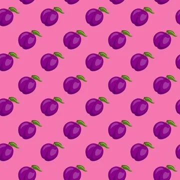 Plum fruit flat seamless pattern on pink background. 스톡 일러스트