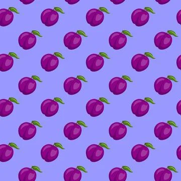 Plum fruit flat seamless pattern on blue background. Stock Illustration