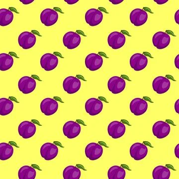 Plum fruit flat seamless pattern on yellow background. Stock Illustration