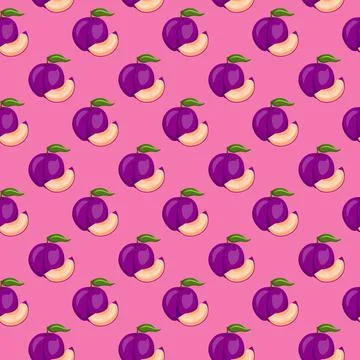 Plum fruit flat seamless pattern on pink background. Stock Illustration