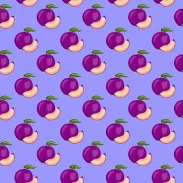 Plum fruit flat seamless pattern on blue background. Illustrazione stock