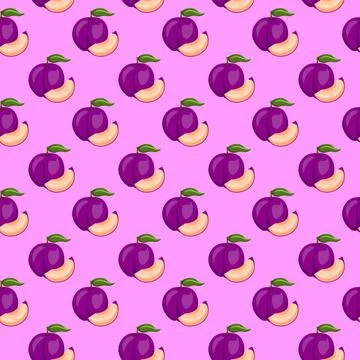 Plum fruit flat seamless pattern on pink background. Stock Illustration