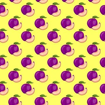 Plum fruit flat seamless pattern on yellow background. Illustrazione stock